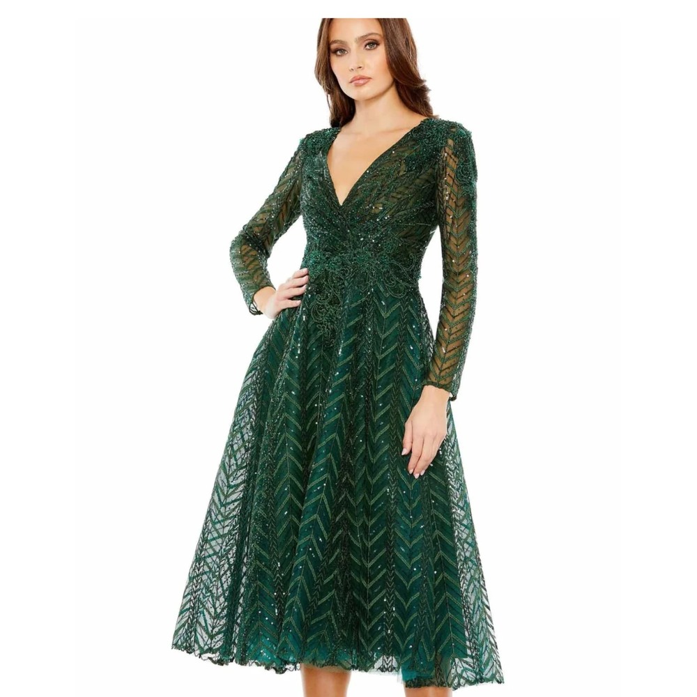 Mac Duggal Embellished Long Sleeve Wrap Over Dress In Emerald Sz 12 $598 New